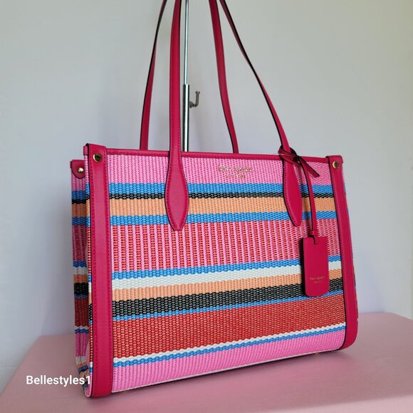 KATE SPADE Market Striped Woven Straw Medium Tote Bag-Wild Raspberry Multi⭐ - Picture 3 of 16